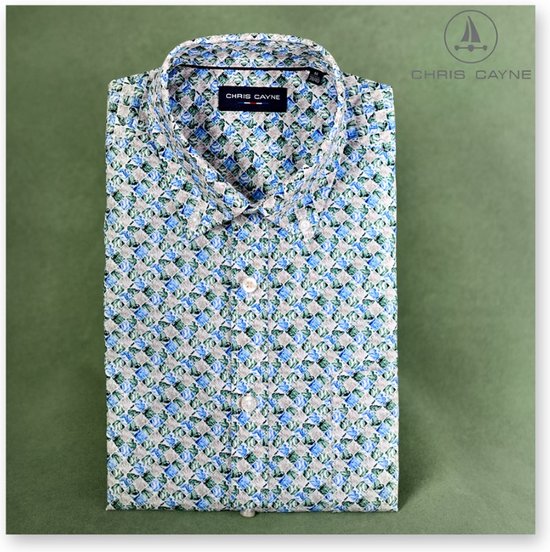 Chris Cayne heren overhemd - blouse heren - 1221 - groen/blauw print - korte mouwen - maat M