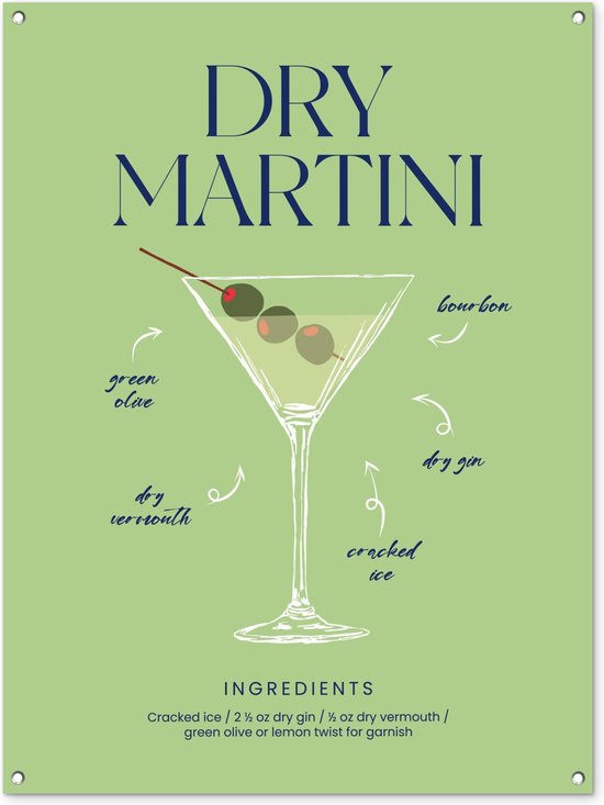 Tuinposter 90x120 cm - Cocktail - Groen - Dry Martini - Vintage poster - Tuindecoratie voor buiten - Schutting decoratie - Tuin - Beach bar accessoires - Tuindoek - Buitenposter