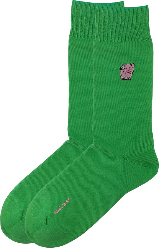 Magic Socks - Herensokken - Groene sokken met varkentje borduursel - Zacht en Ademend