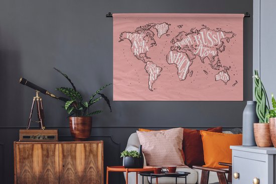 Tapisserie - Tapisserie - Carte du Wereldkaart - Rose - Lettres - 150x100 cm - Tapisserie