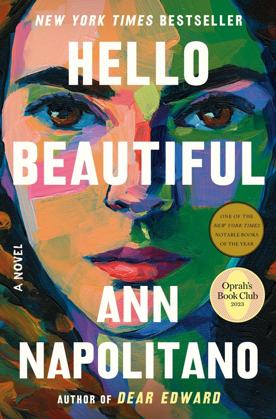 Boekcover van "Hello Beautiful", een New York Times bestseller en Oprahs Boekclub 2023 selectie, met een kleurrijk portret.
