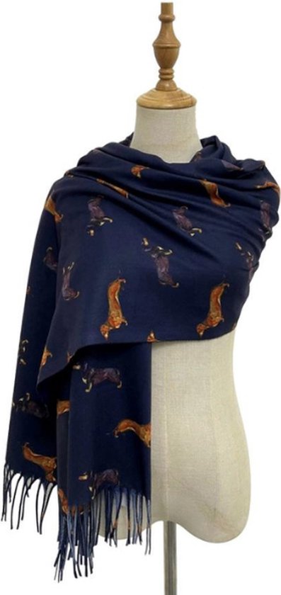 Sjaal Gek op Teckels - Warme Sjaal met Leuke Teckelprint en Kwastjes - Marine Blauw - Trendy Accessoire met Dog Print