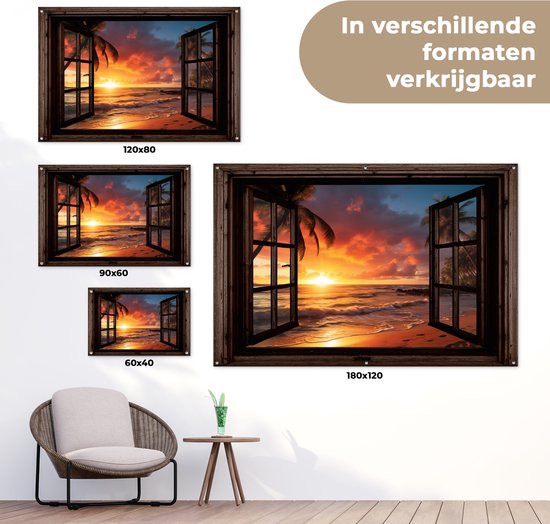 Poster de jardin Coucher de soleil - Vue - Plage - Palmiers - Mer - Fenêtre marron foncé - 120x80 cm - Toile de jardin - Poster extérieur