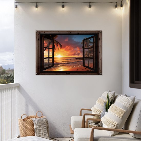 Poster de jardin Coucher de soleil - Vue - Plage - Palmiers - Mer - Fenêtre marron foncé - 120x80 cm - Toile de jardin - Poster extérieur
