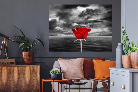 Sticker Muursticker Rouge noir blanc - Photo Zwart et blanc de rose rouge, contre mer et ciel nuageux - 120x90 cm - film adhésif autocollant - sticker mural repositionnable