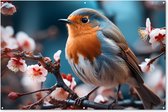 Tuinposter roodborstje - Tuindecoratie vogels - 180x120 cm - Wanddecoratie voor buiten - Vogel op een kersenbloesem tak - Schutting decoratie - Buitenposter - Schuttingdoek - Tuindoeken - Tuin doek - Balkon poster