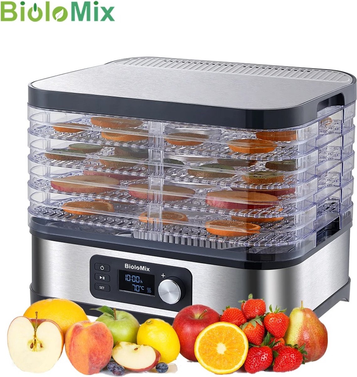 Biolomix Voedseldroger - Dehydrator - Fruitdroger - Voor Fruit, Groente, Vlees - 5-laags - Met Temperatuurregeling - Digitale Timer - BioloMix