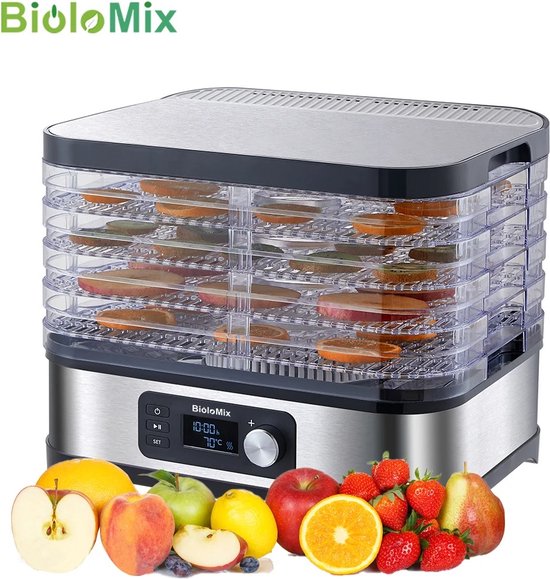 Biolomix Voedseldroger - Dehydrator - Fruitdroger - Voor Fruit, Groente, Vlees - 5-laags - Met Temperatuurregeling - Digitale Timer - BioloMix