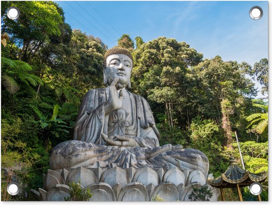 Tuin decoratie Boeddha beelden - Jungle - Buddha - Spiritualiteit - Mediteren - 40x30 cm - Tuindoek - Buitenposter