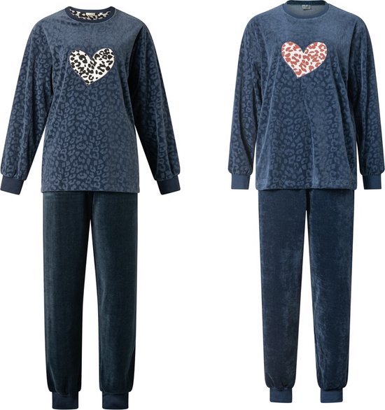 2 dames pyjama's velours van Lunatex 124209 met zwart en roest hart maat M