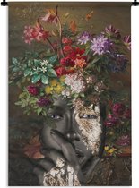 Wandkleed - Wanddoek - Vrouw - Bloemen - Elementen - 90x135 cm - Wandtapijt