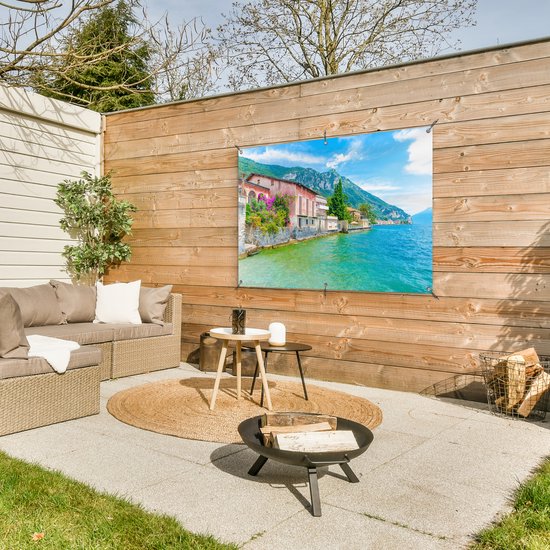 Maisons colorées juste à côté du poster de jardin Turquoise Lake Garda 120x80 cm - Toile de jardin / Toile d'extérieur / Peintures pour l'extérieur (décoration de jardin)
