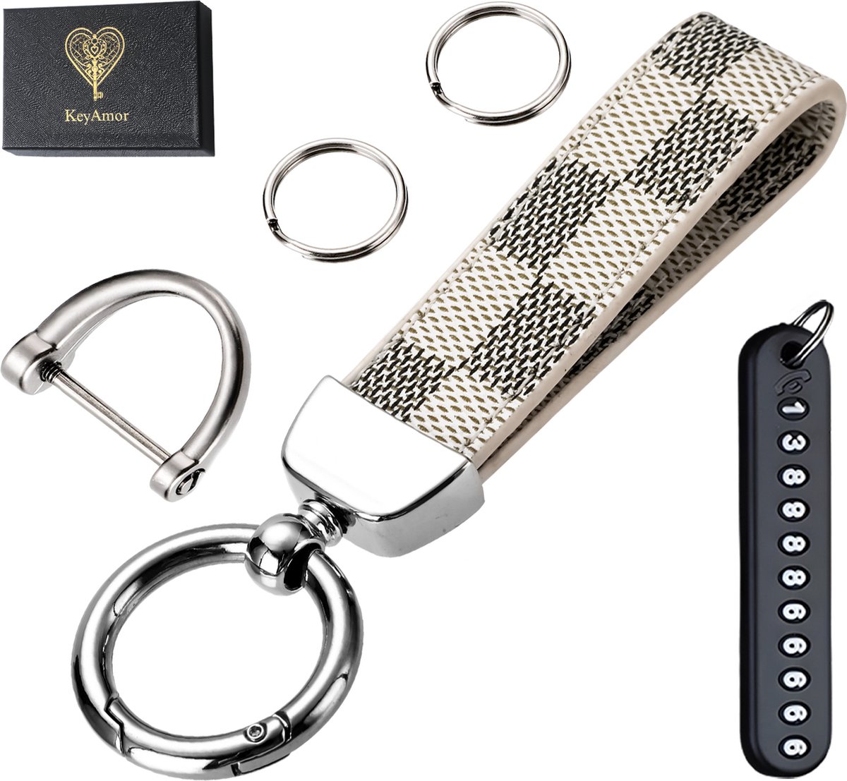 Luxe Leren & Metaal Sleutelhanger voor Volwassenen - Auto Sleutelhouder - Keychain met Karabijnhaak, Musketonhaak en Sleutelringen - Autosleutel voor Vrouwen, Mannen, Dames - Karabijnsluiting Sleutel hanger - Auto Accessoires -In Cadeau/Geschenk Doos
