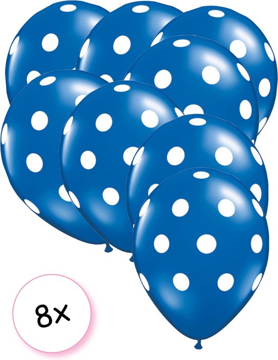 Ballonnen dots donker blauw - wit 8 stuks 30 cm