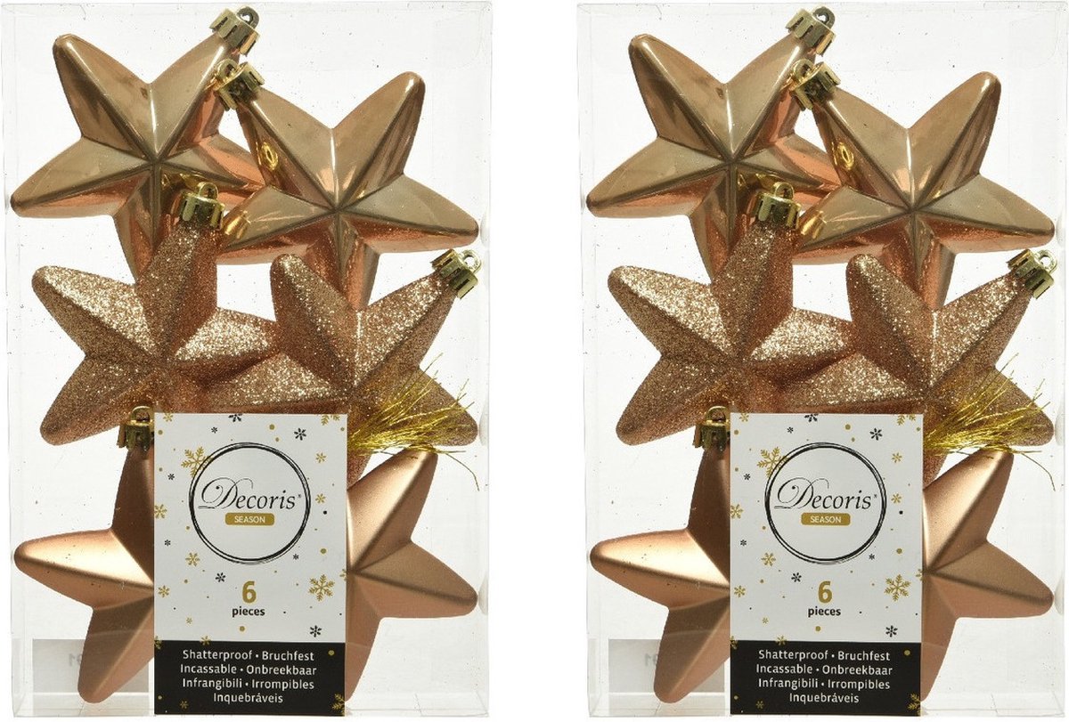 Kerstboomversiering set van 12 camel bruine sterren kerstballen/kersthangers 7 cm in glans, mat en glitter.