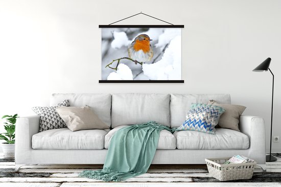 Affiche textielposter Robin sur une branche enneigée 150x100 cm
