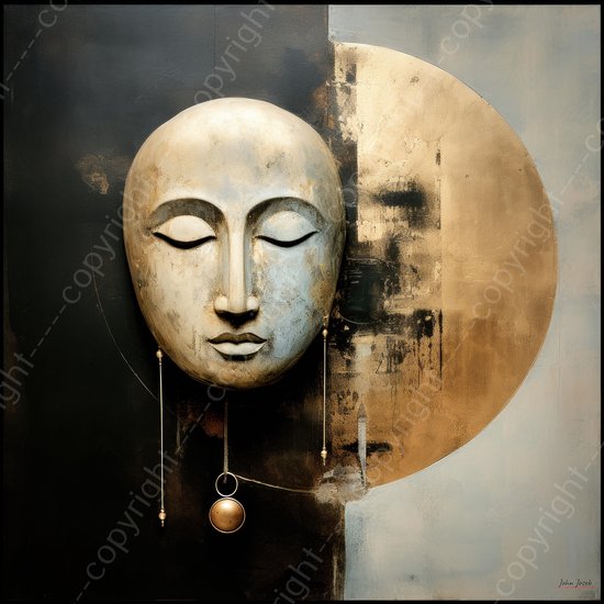JJ-Art (Glas) 80x80 | Buddha met schaal, yin yang, abstract, kunst | Boeddha, gezicht, koper, goud, bruin, zwart, grijs, modern, vierkant | Foto-schilderij-glasschilderij-acrylglas-acrylaat-wanddecoratie