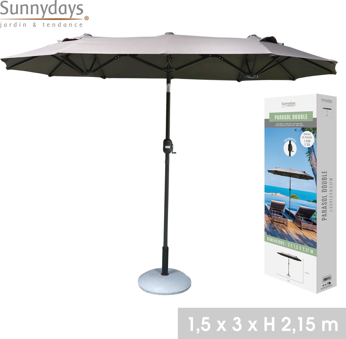 Sunnydays - Dubbele Parasol voor veel Schaduw - 300x150cm - Hoogte 217cm - Antraciet - Sunnydays