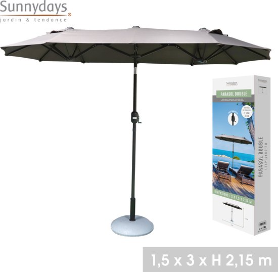 Sunnydays - Dubbele Parasol inclusief Parasolvoet voor veel Schaduw - 300x150cm - Hoogte 217cm - Antraciet cadeau geven