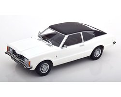 Het 1:18 gegoten model van de Ford Taunus GT Coupé uit 1971 in wit met zwart dak. De fabrikant van het schaalmodel is KK Models. Dit model is alleen online verkrijgbaar