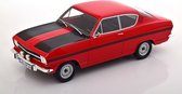 De 1:18 Diecast Modelauto van de Opel Kadett B Rally Coupé uit 1966 in rood en zwart. De fabrikant van het schaalmodel is Schuco. Dit model is alleen online verkrijgbaar.