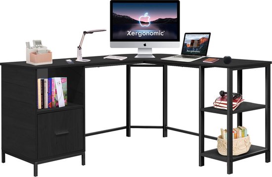 Xergonomic Bureau d'angle industriel avec armoire - Structure en acier avec plateau d'angle en bois - Table robuste pour ordinateur portable - 150x137x75 cm - Zwart