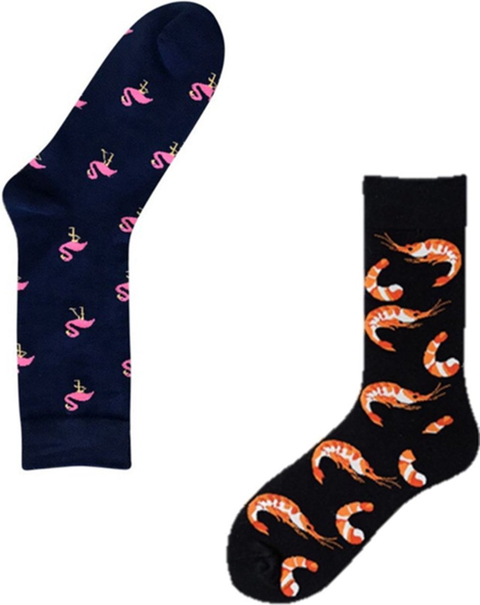 Binkie Socks Box | 2 paar Heren Sokken | Flamingo Sokken en Garnaal Sokken | Flamingo's Eten Garnalen Sokken | Maat 43-46