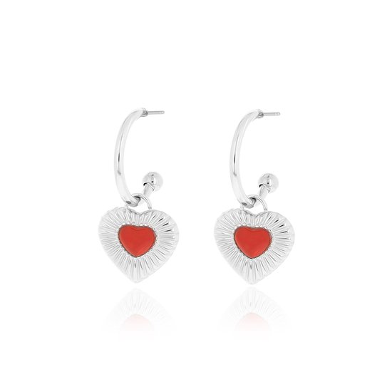 Silver coloured earrings with red heart charm