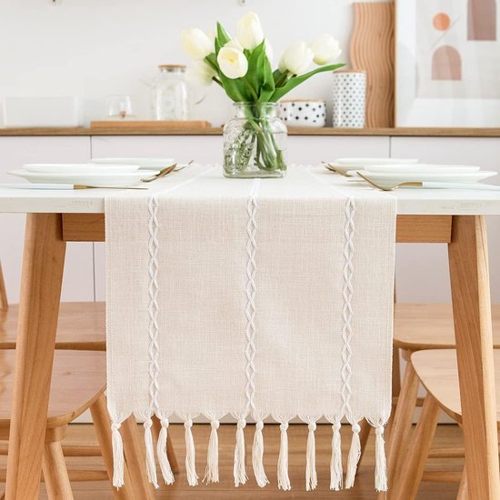 Macrame Tafelloper, 30,5 x 274,3 cm, crème, beige, Boho, tafelloper met