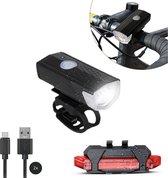 LED Fietsverlichting Set - Fietslamp USB Oplaadbaar - Fietslampjes Voorlicht & Achterlicht - Waterdicht – Inclusief 2 Oplaadkabels - Zwart