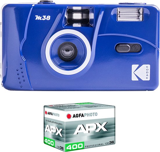 KODAK Pack M38 Argentique + Pellicule 400 ASA - Appareil Photo Kodak Rechargeable 35mm Blue, Objectif Grand Angle Fixe, Viseur optique , Flash Intégré + Pellicule APX 400, 36 poses