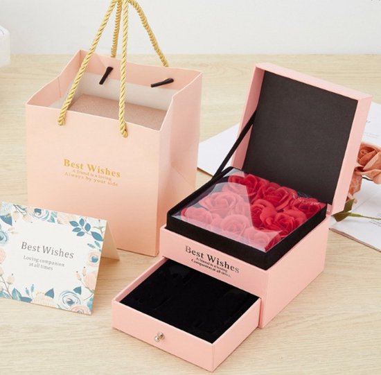 Liefdescadeau - Doos met kunststof rozen - eeuwige rozen - Juwelendoos - Perfecte valentijdscadeau - 12 x 12 x 9,5 cm