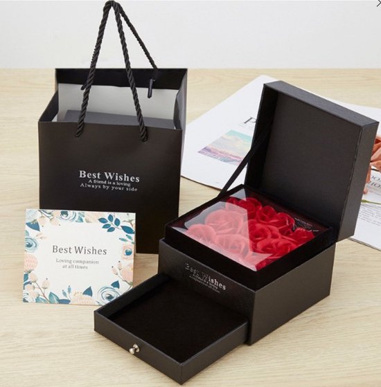 Liefdescadeau - Doos met kunststof rozen - eeuwige rozen - Juwelendoos - Perfecte valentijdscadeau - 12 x 12 x 9,5 cm - Zwart