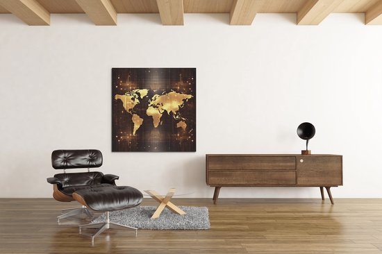 Canvas Schilderij - Wereldkaart - Goud - Bruin - Vierkant - 100x100x2 cm
