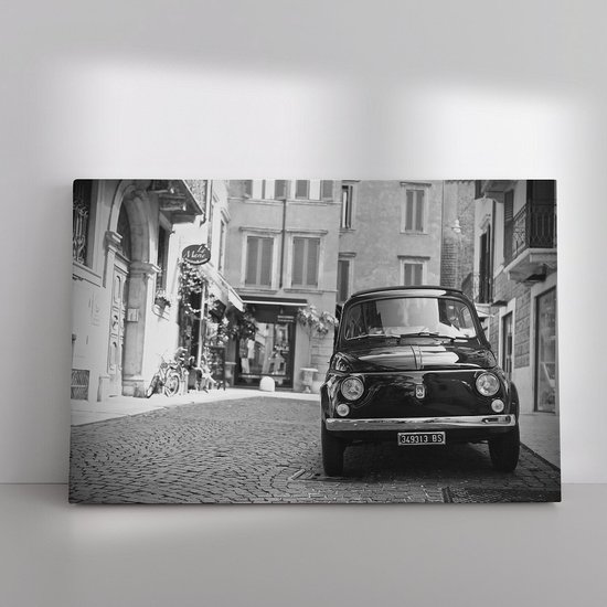 Canvas schilderij 40 x 30 cm - Foto Fiat 500 oldtimer in Italië zwart wit - Canvas doeken - Muurdecoratie woonkamer - wanddecoratie slaapkamer - Wanddoek interieur- Vintage canvas - fotolijsten