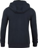 Achterkant van een donkerblauwe regular fit sweater met capuchon.