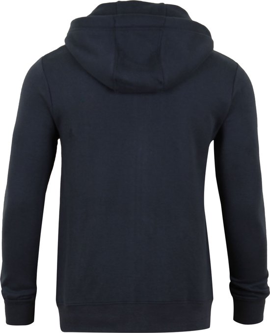 Achterkant van een donkerblauwe regular fit sweater met capuchon.