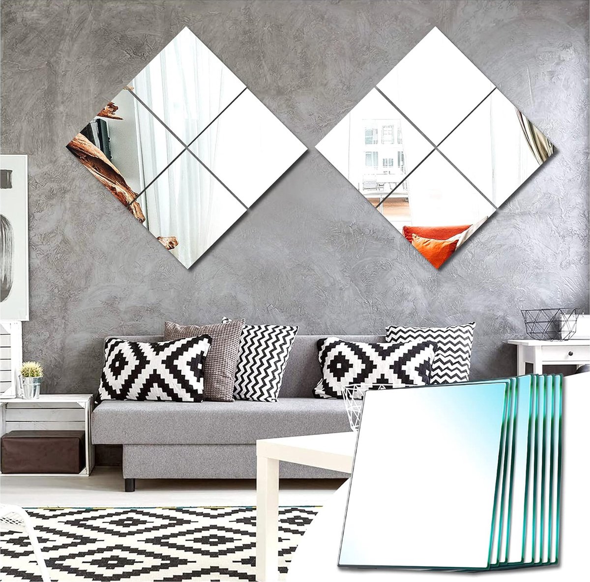 Zelfklevende spiegeltegels, wandspiegels, glas, vierkante muurdecoratie, muurdecoratie voor woonkamer, slaapkamer, hal (normaal slijpen, 20,5 x 20,5 cm, 8 stuks)