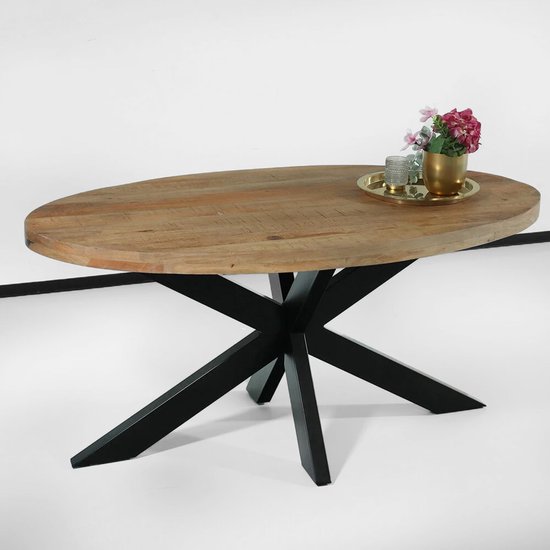 Table à manger ovale en bois de manguier 160cm table industrielle ovale marron clair James , table de salle à manger en manguier durable