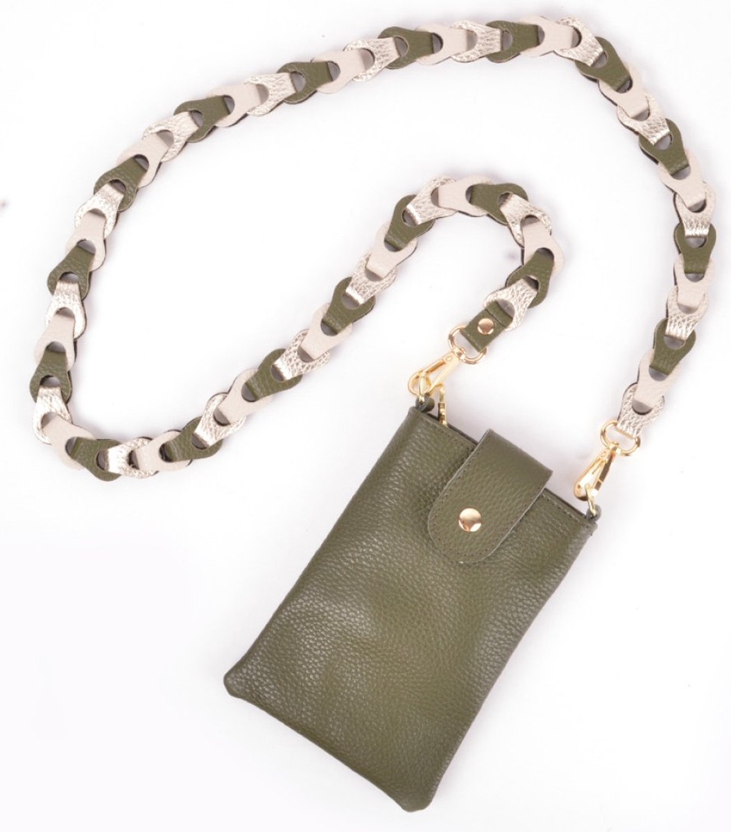 Tassenriem/Bag Strap/Telefoonkoord Gevlochten Leer Small - Metallic Olijfgroen/Beige/Goud