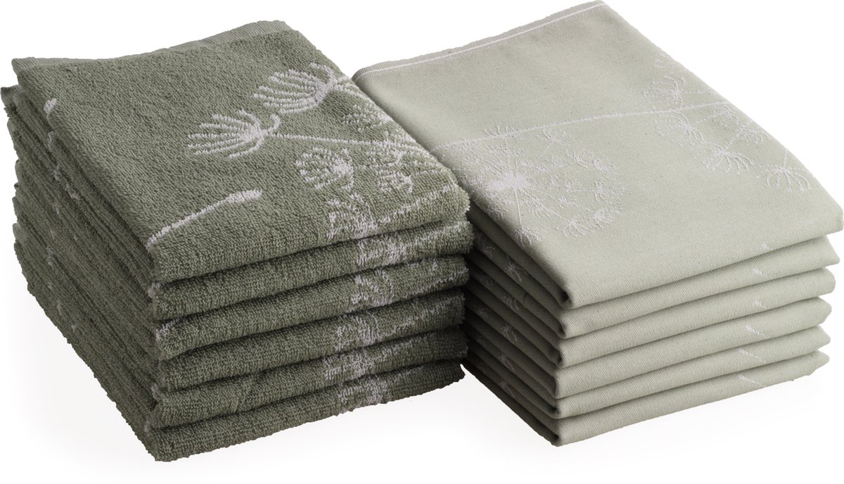 DoubleDry Theedoeken en Keukendoeken Set - 12 Stuks - 100% Katoen - Hoge Absorptie & Duurzaam - Dandelion, Groen