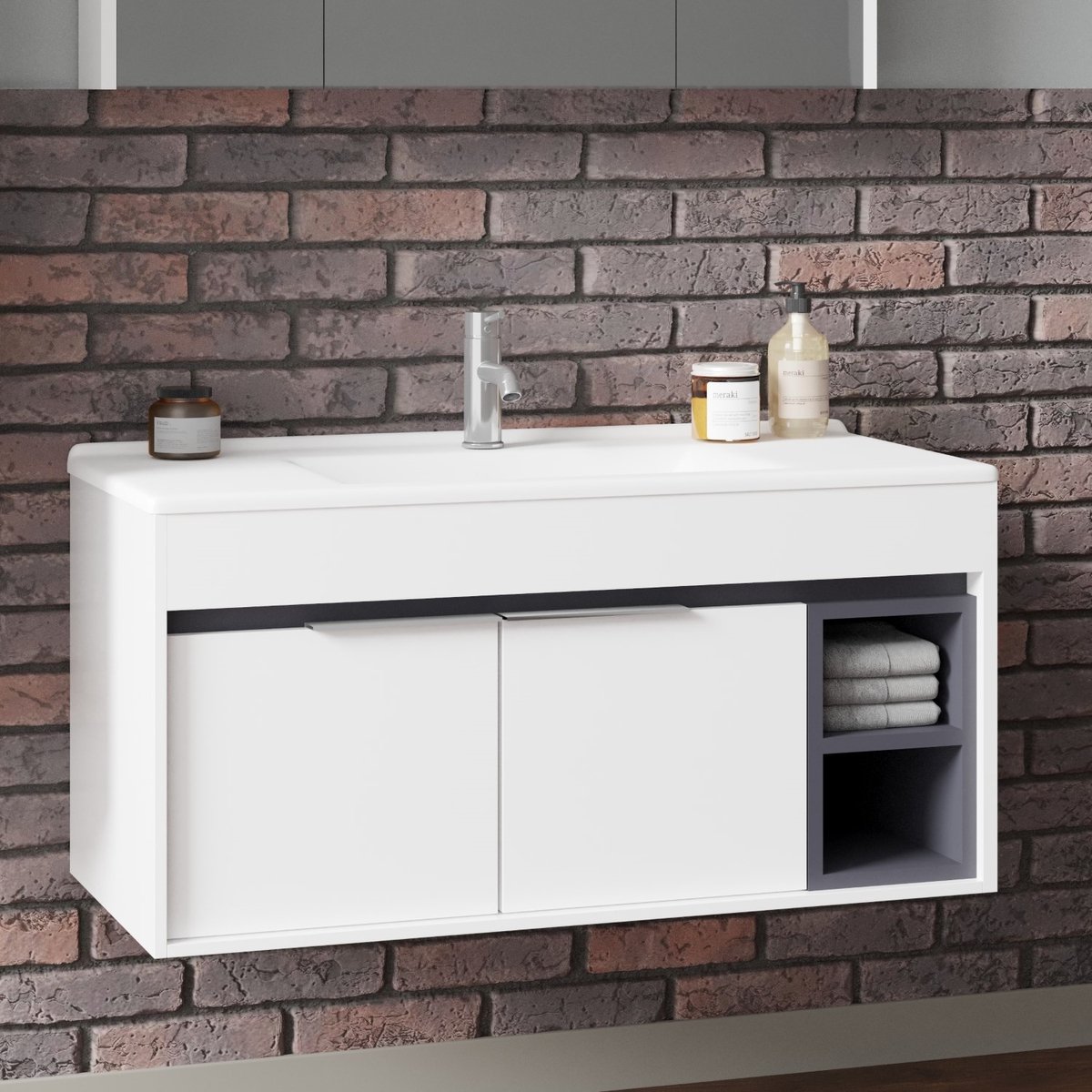 Aachen 100 cm Hoogglans Wit - Onderkast MDF Softclose Semi handgreep 2 deur met Keramische Wastafel 1 kraangat - Wastafelmeubel Met Frame Wastafels