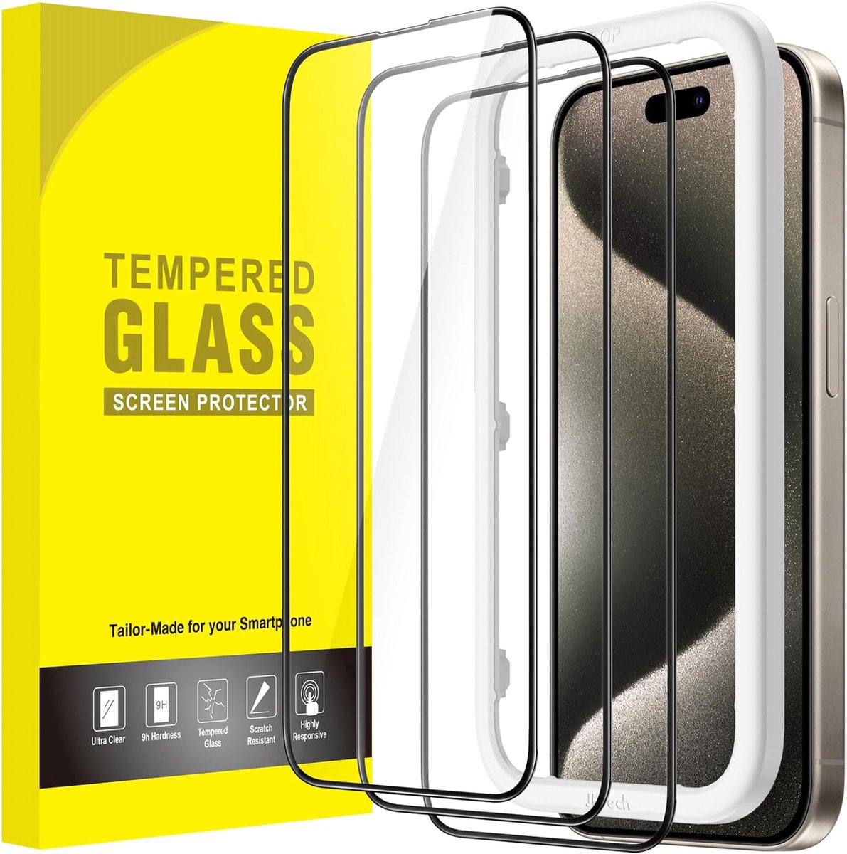 Full Coverage Screen Protector voor iPhone 15 Pro Max 6,7-Inch, Zwarte Rand Volledige Dekking Gehard Glas Film Schermbeschermer met Eenvoudige Installatietool, HD Doorzichtig, 3-Stuks