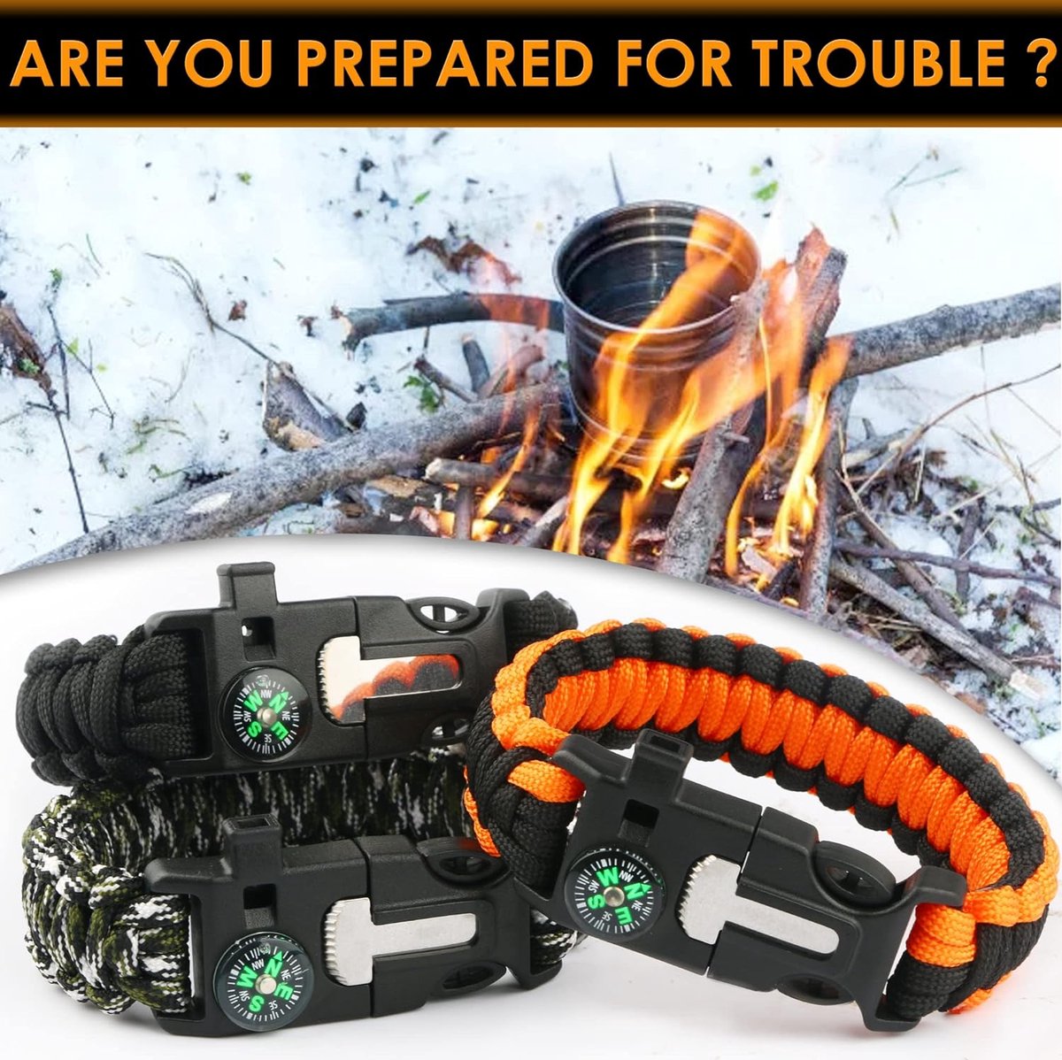 SagaSave Paracord survivalarmband voor buiten, noodhulp
