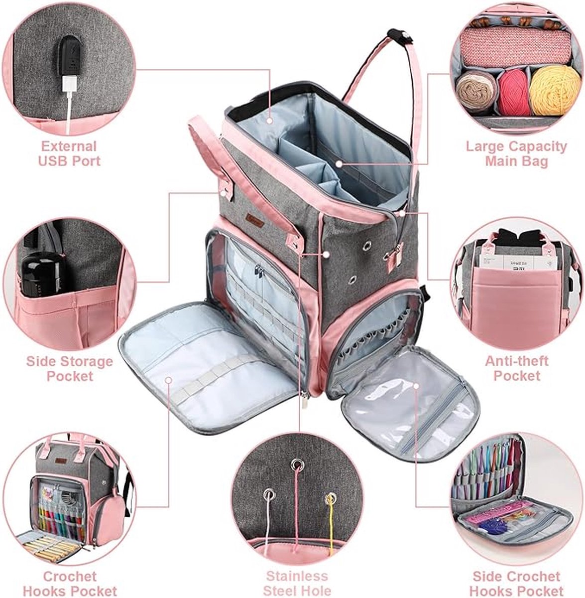 LTINVECK Breien Tas Rugzak, Garen Opslag Organizer Reizen Gehaakte Tas Met USB Oplaadpoort, Grote Capaciteit Garen Opslag Tote Tas Garen Houder Case, Paars, Reizen, Tote