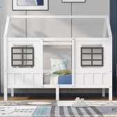 daybed met onderschuifbed-Huisbed kids -met 2 ramen- frame gemaakt van grenen-MDF wit 200x90cm
