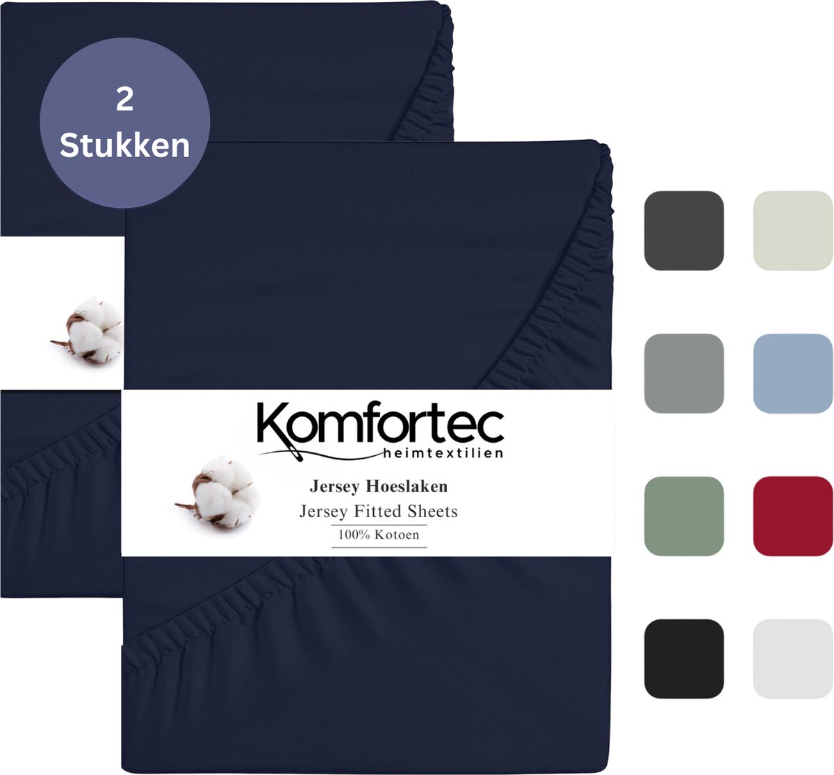 Komfortec Jersey Stretch 2x Hoeslaken 90x200 cm - Dubbelpak- 30cm Matrasdikte- Rondom Elastiek - 100% Katoen - Blauw