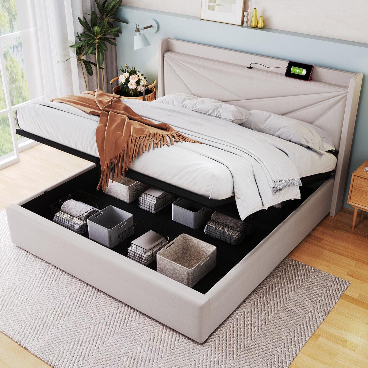 Sweiko Gestoffeerd bed Dubbele opbergbeddoos met USB type C oplaadfunctie Hoofdbord, Opslagbedden Linnen materiaal bedframe Jeugdbed 160x200 met lattenrost (Zonder matras) Beige
