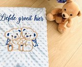 Personalized blue baby blanket with bears and a dedication embroidered
