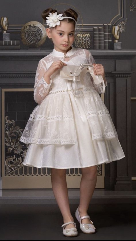 luxe feestjurk met geborduurde jas, haardiadeem-galajurk-vintage jurk met kanten jas-bruiloft-communie-fotoshoot-wit beige-katoen- 9-10 jaar maat 140